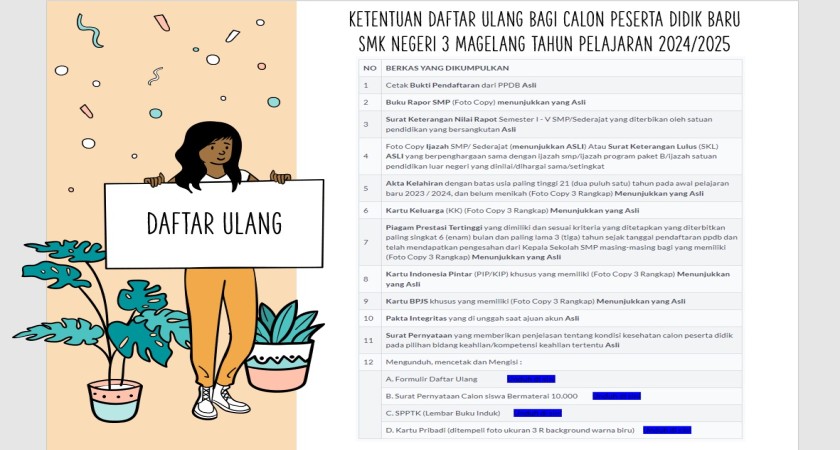 KETENTUAN DAFTAR ULANG BAGI CALON PESERTA DIDIK BARU SMKN 3 MAGELANG 2024/2025